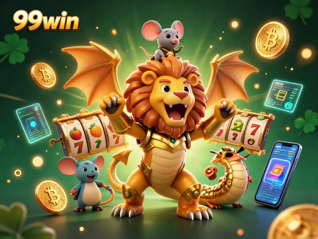 Engage with 99win's thrilling slots featuring a chimera creature and vibrant game elements.