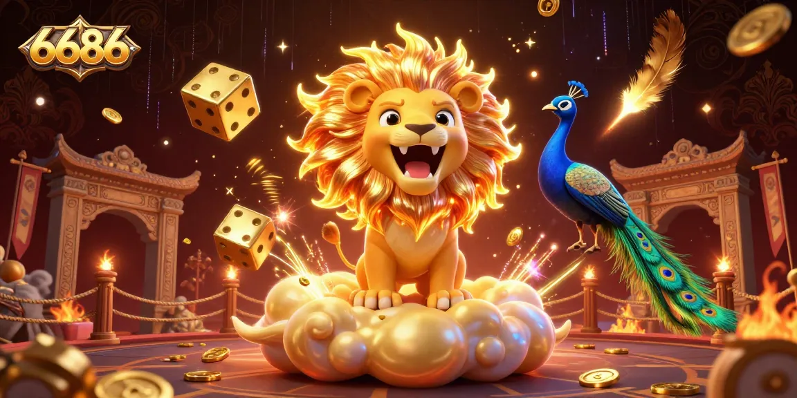 Engage with thrilling moments at 6686, where the majestic lion, dice, and peacock embody excitement in a vibrant casino atmosphere.