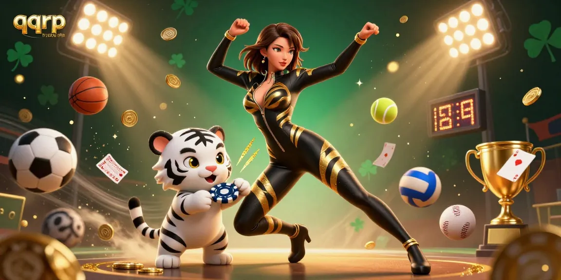 The dynamic scene illustrates the qqrp trusted site with a stunning woman, a playful tiger, and vibrant gaming elements, creating an engaging casino atmosphere.