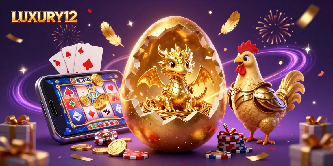 Mengalami sensasi dari LUXURY12 dengan ilustrasi 3D sebuah telur emas yang terbuka dan memperlihatkan naga emas di atas tumpukan chip poker.