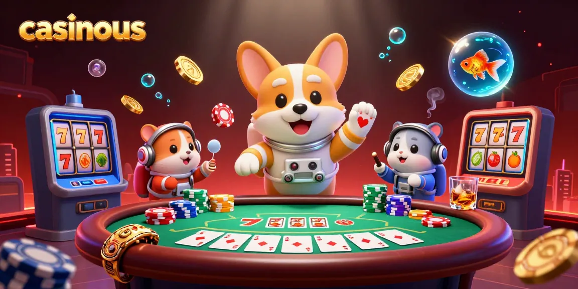 Casinous features a playful astronaut corgi exploring a space casino, surrounded by poker elements.