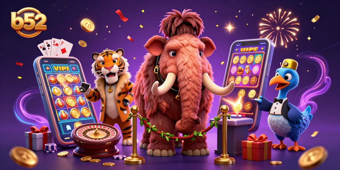 Experience thrilling wins at b52 with cartoon characters amidst slot games and excitement.