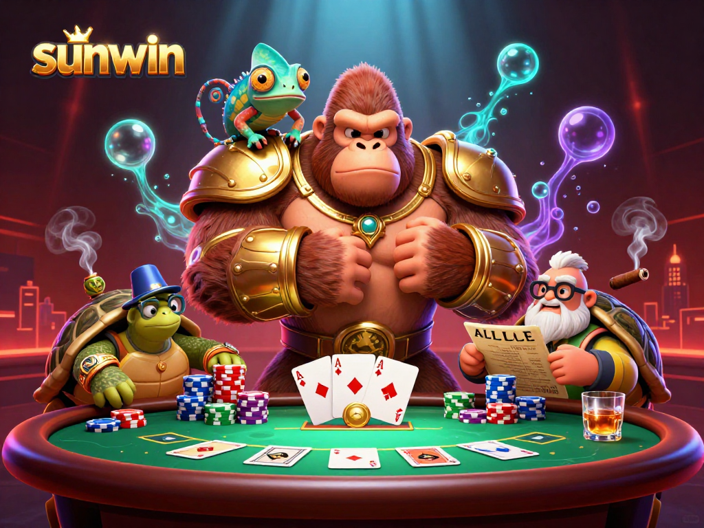 See the sunwin logo as a gorilla king dramatically leads the casino charge with poker elements.