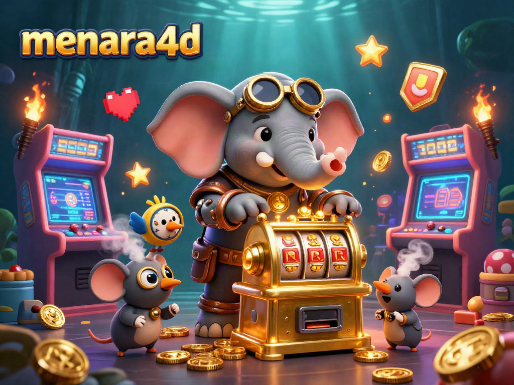 Mesin slot menara4d berfungsi dengan karakter gajah steampunk dan mesin arcade cerah di latar belakang.