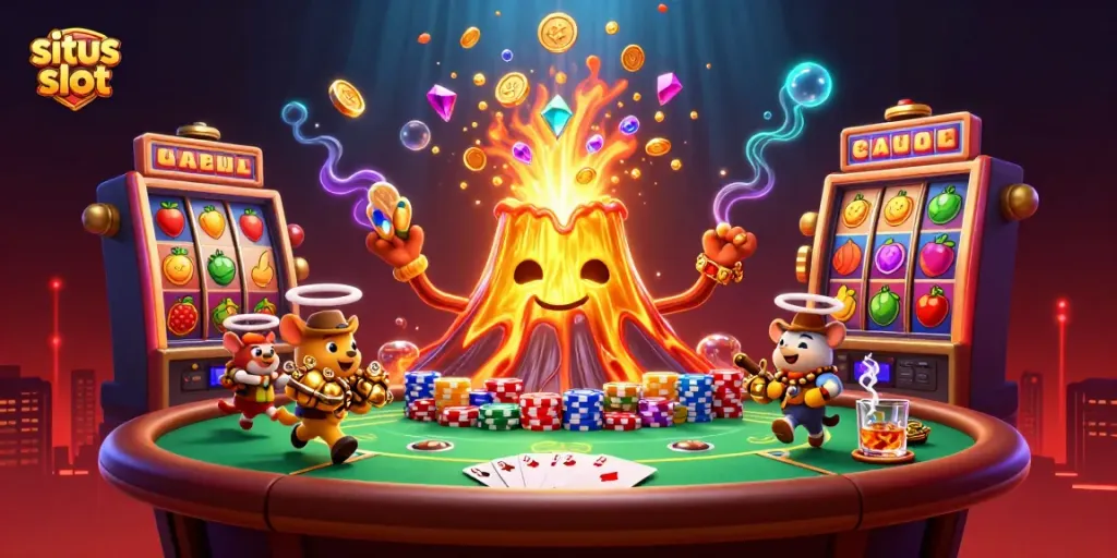 Memenangkan jackpot di situs slot dengan simbol buah dan karakter bertema kasino yang menarik.