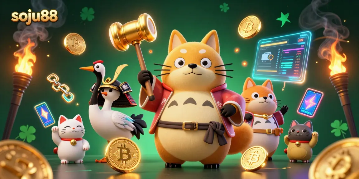 Spin to win with soju88 as cheerful tanuki and friends embrace a vibrant casino atmosphere!