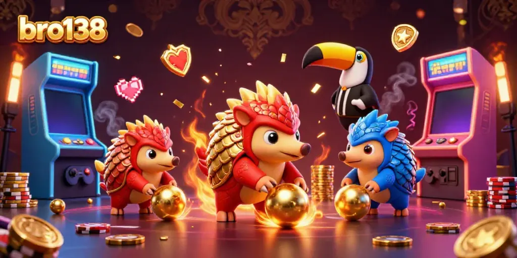 Experience excitement at bro138 with animated pangolins and vibrant arcade games in a dynamic casino scene.