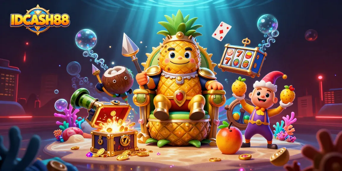 Engage with IDCASH88’s exciting slots scene featuring a golden pineapple king and vibrant underwater treasures.