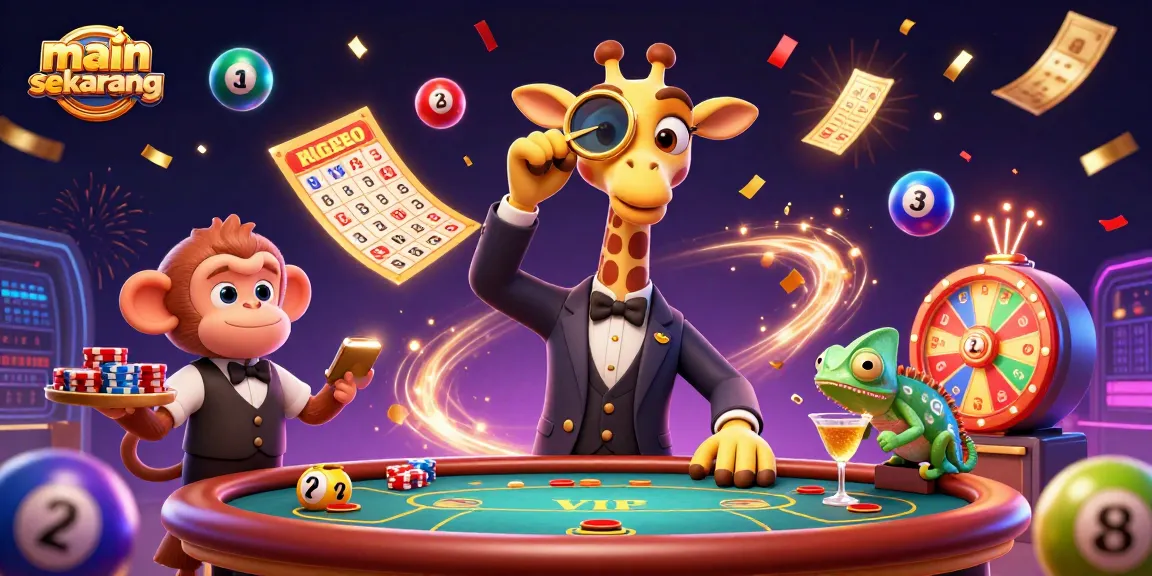 Experience excitement with main sekarang: a giraffe and friends at a vibrant casino scene.
