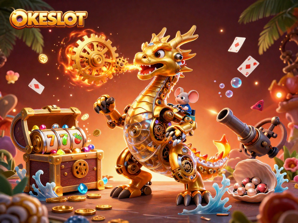 Menangkan jackpot slot di OKESLOT dengan ilustrasi 3D mengagumkan dari naga dan perhiasan kasino.