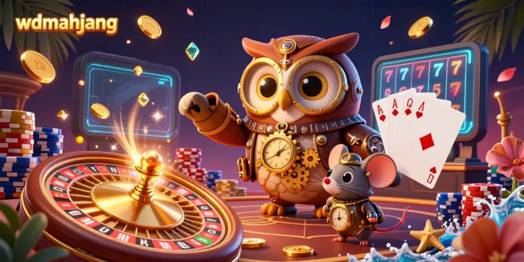 Experience the thrilling world of wdmahjong with a vibrant casino scene featuring steampunk elements and dynamic slot games.