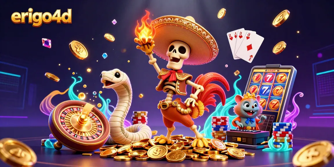 Engage with erigo4d's vibrant 3D casino scene featuring dynamic gaming elements and lively characters.