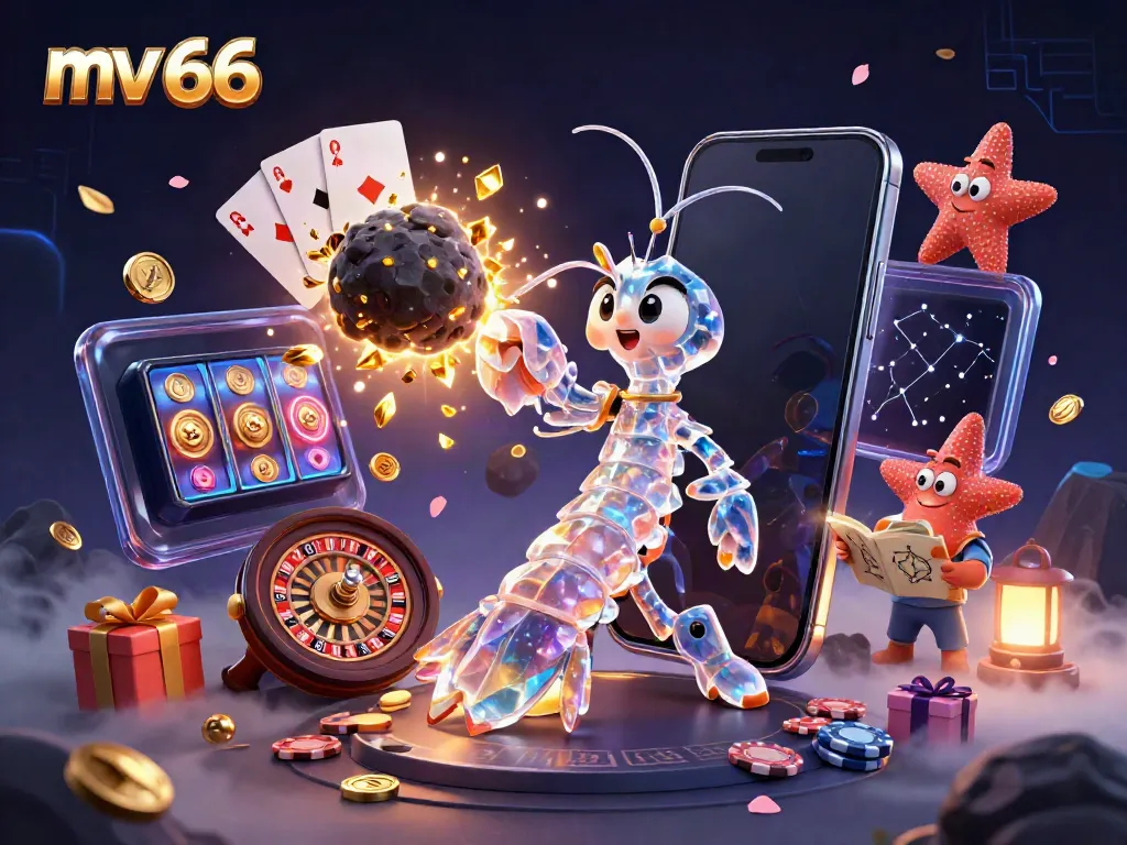 Experience the thrill of mv 66 with a galactic samurai shrimp bursting through an asteroid, revealing golden gems and casino excitement.
