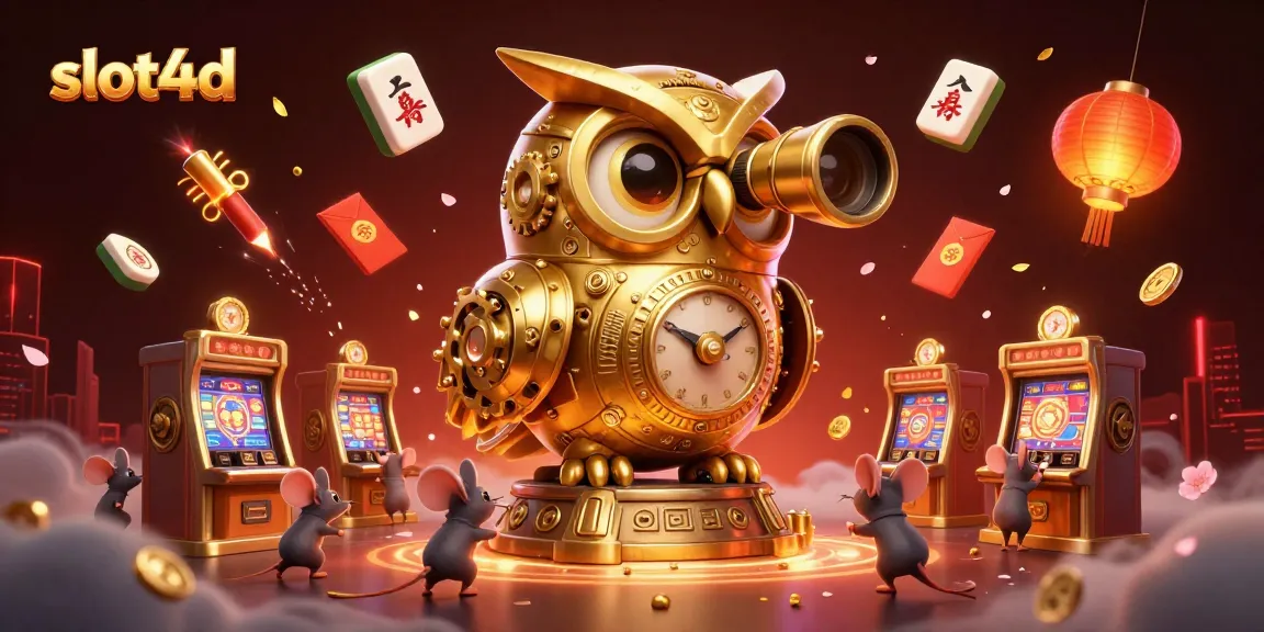 Engage with slot4d's animated casino scene featuring a golden owl, whimsical mice, and vibrant decorations.