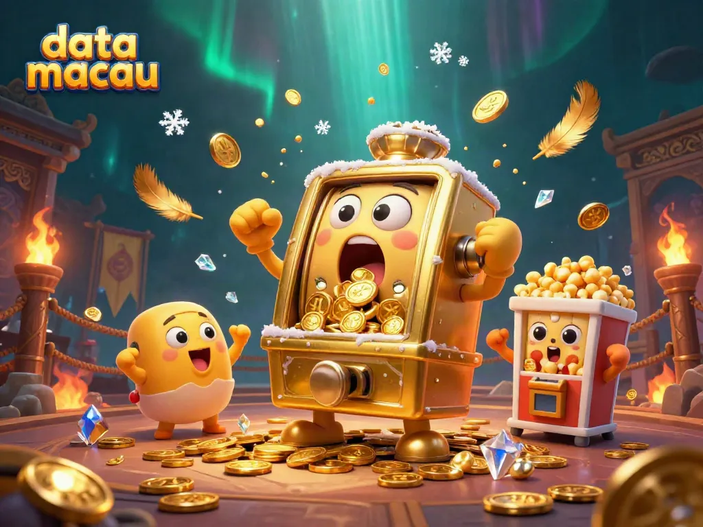 Data Macau menyajikan slot mesin emas yang kaget saat jackpot, dikelilingi koin berkilauan.