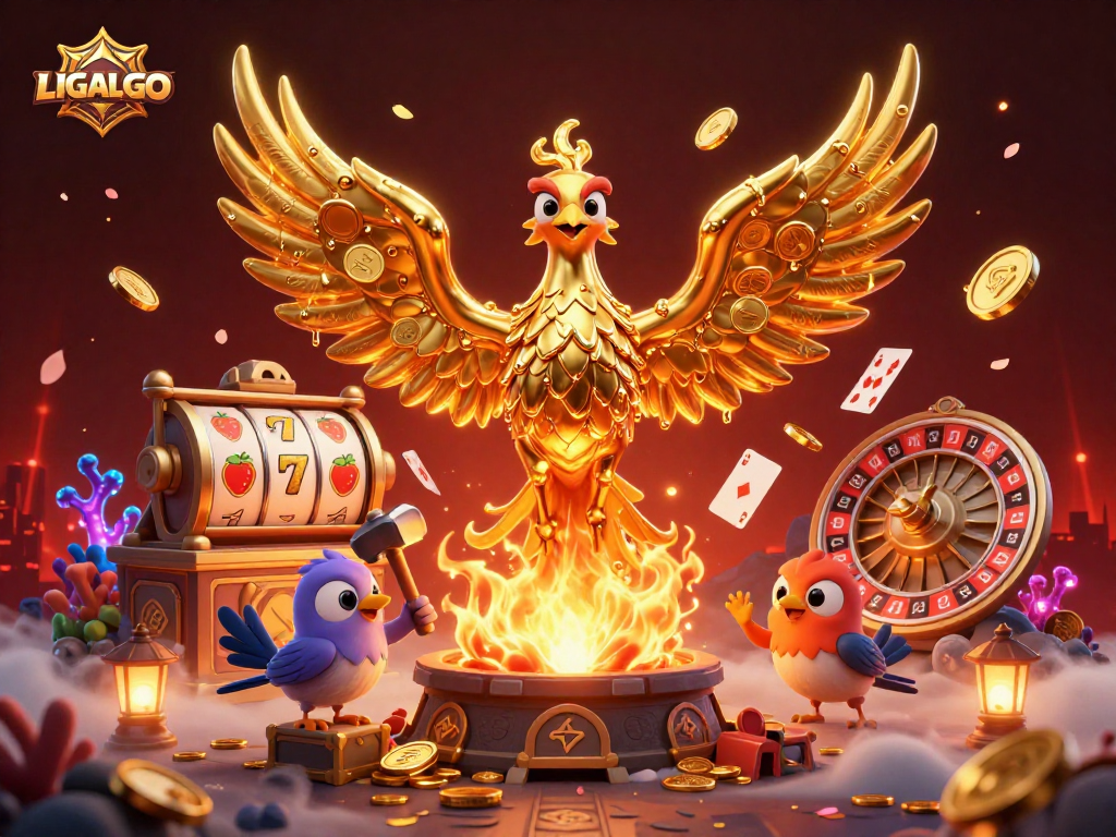 LIGALGO enhances your gaming experience featuring a molten metal phoenix amidst slots and gold coins.