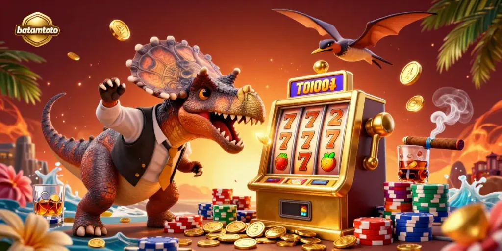 Batamtoto scene shows lively dinosaurs at a vibrant online casino, headbutting a slot machine for coins.