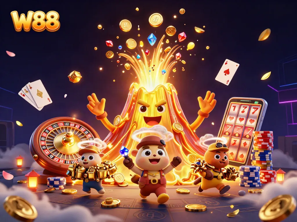 Engage with W88’s vibrant casino adventure featuring golden volcano, coins, and treasures.