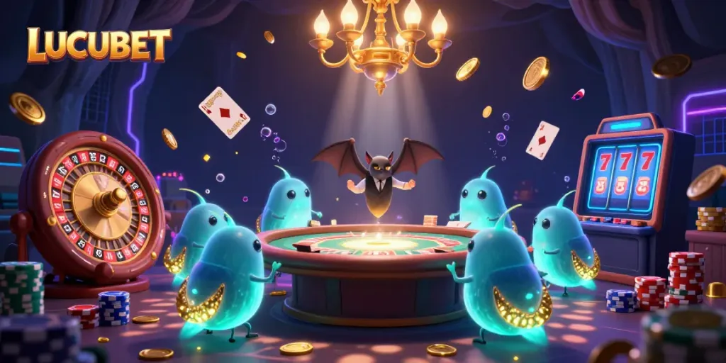 LUCUBET casino illuminated by glowworms with a bat dealer, featuring golden coins and vibrant slot reels.