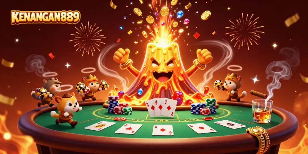 Win big with KENANGAN889 as a triumphant golden volcano erupts treasures in a vibrant casino scene.