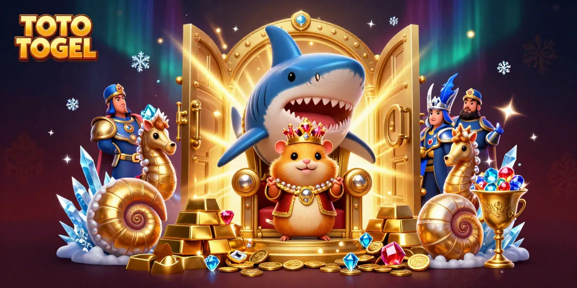 Ilustrasi 3D TOTO TOGEL dengan raja hamster emas dan penjaga kuda laut di dalam skena kasino
