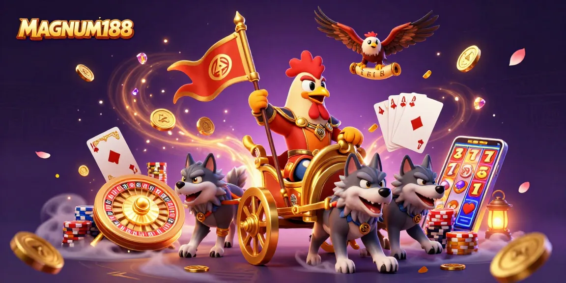 Engage in thrilling sports betting with MAGNUM188, featuring the dynamic rooster warlord and golden chariot.