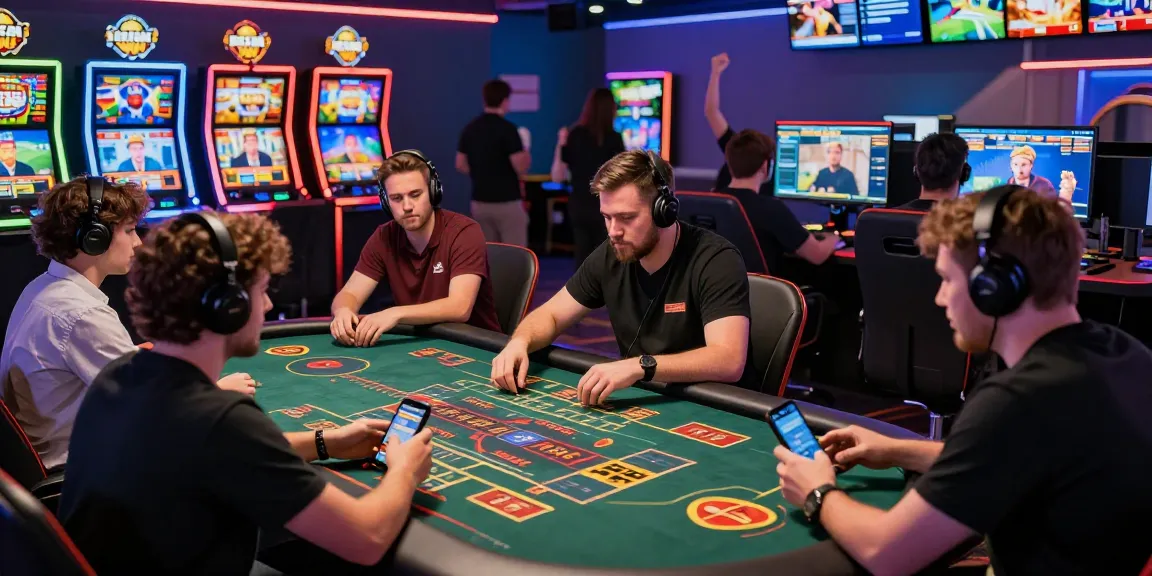 Exciting Baza Win gaming scene with players enjoying online sports betting, live casino tables, and vibrant slot machines