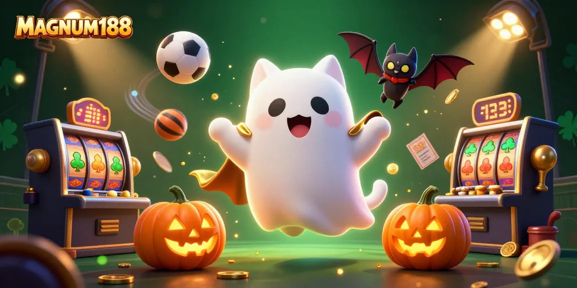 Experience the thrill of MAGNUM188 with a ghost cat and vampire bat in a haunted casino.