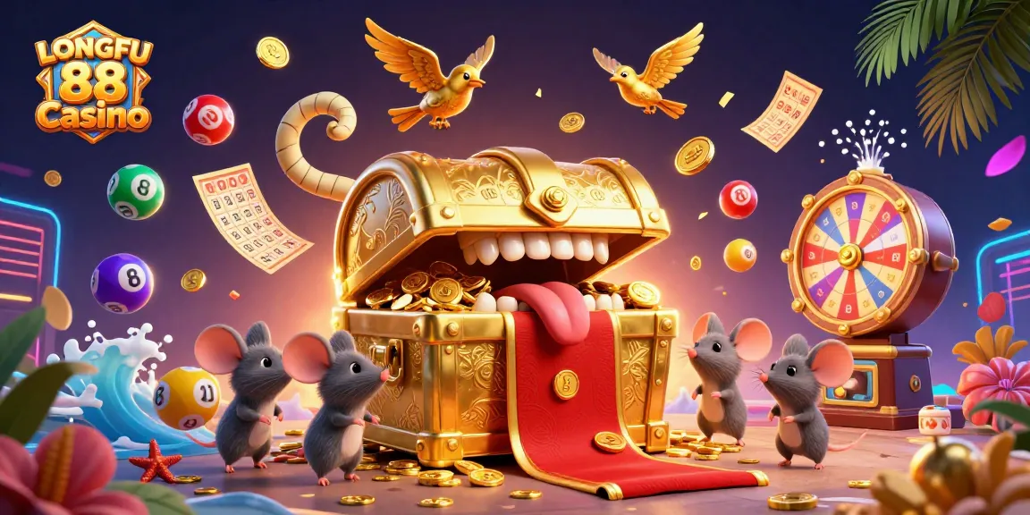 LONGFU 88 Casino menghadirkan ilustrasi 3D yang memukau dengan ikon kasino dan elemen perjudian.