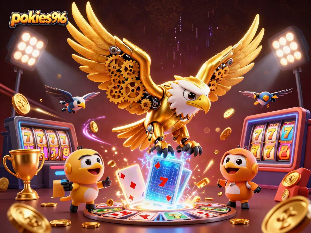 Experience the thrill of pokies996 with a dynamic golden eagle soaring through a colorful world of slot games.