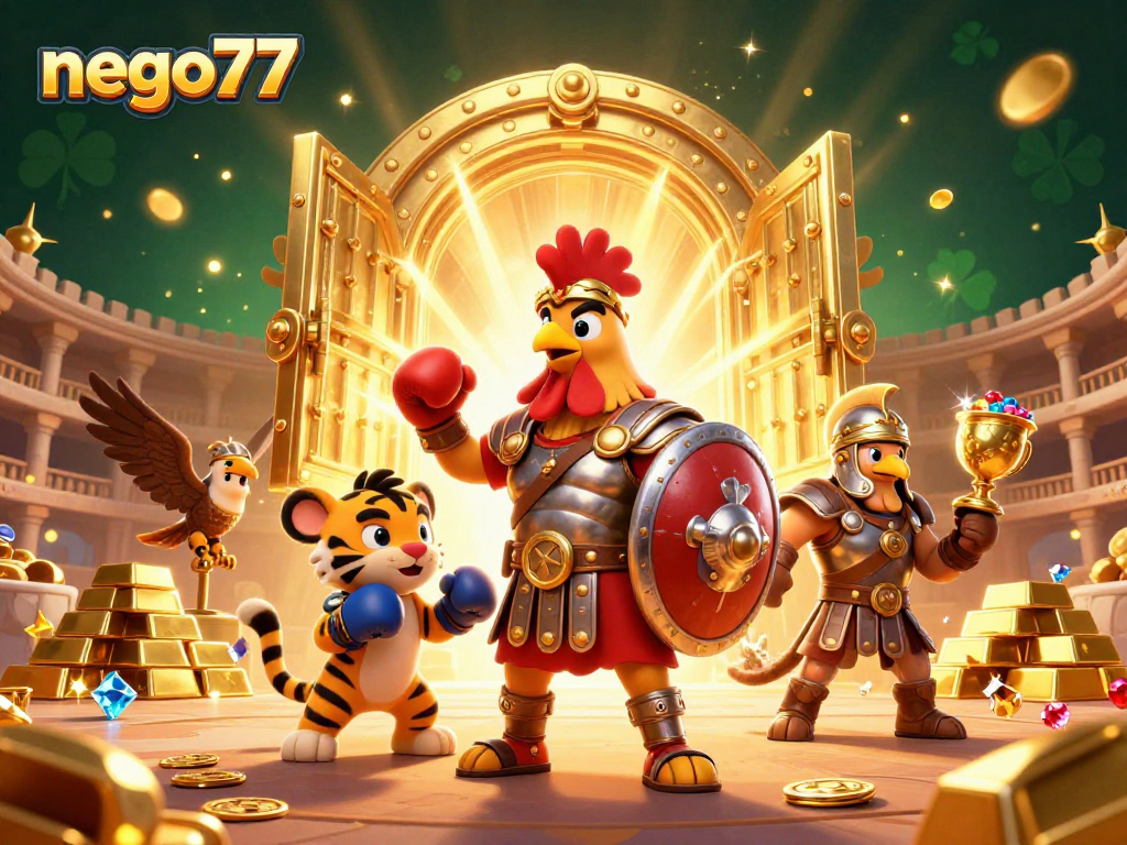 Experience thrilling action with nego77 in this 3D illustration featuring gladiator characters and sparkling treasures.