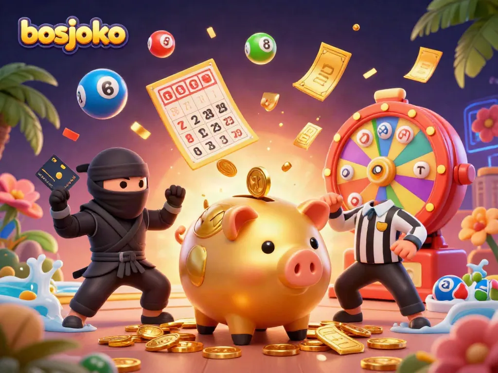 Engage in the vibrant world of bosjoko with dynamic casino characters amidst colorful game elements and winning symbols.