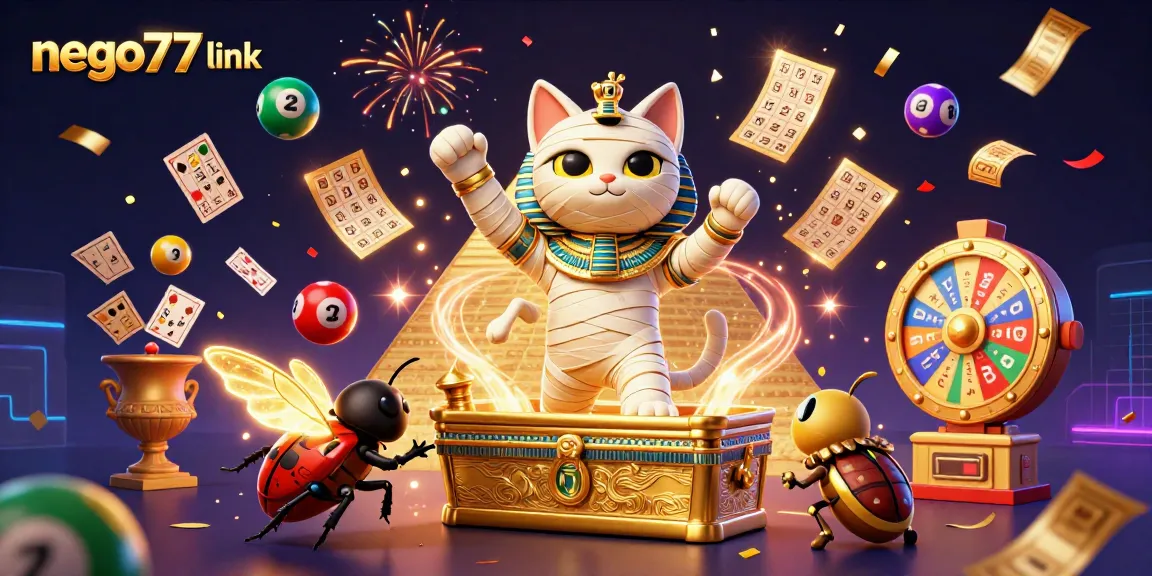 Experience the excitement of the nego77 link with a vibrant 3D illustration of a mummy cat emerging from a sarcophagus.