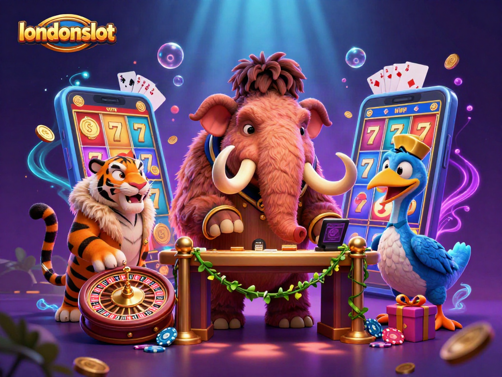 Experience thrilling gaming action at londonslot with vibrant casino characters amid exciting slot game elements.