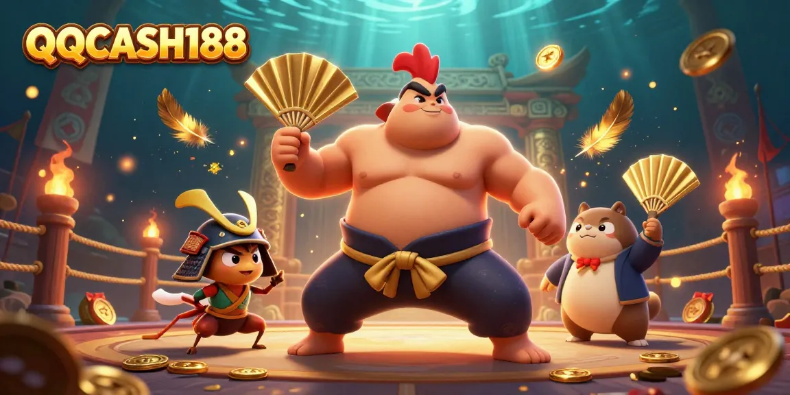 Experience the excitement of QQCASH188 with a dynamic sumo wrestling scene, vibrant casino elements, and engaging characters.