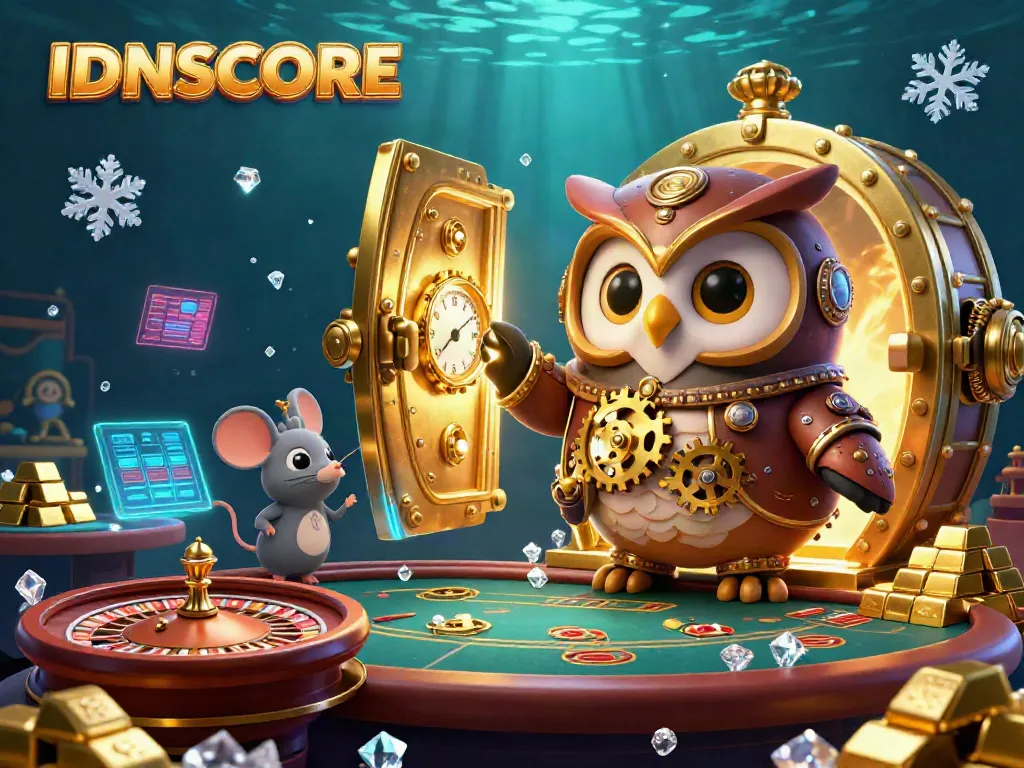 IDNSCORE gaming scene featuring a steampunk owl and clockwork mouse with casino elements.