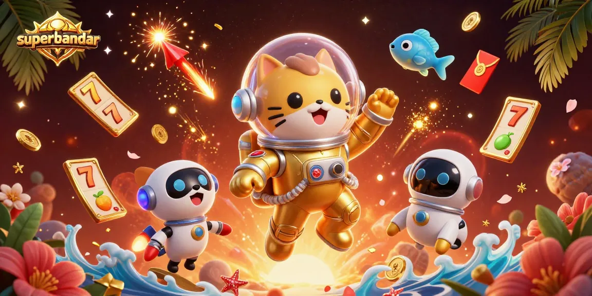 Permainan slot superbandar yang menampilkan karakter astronot kucing dan robot anjing dalam suasana luar angkasa.