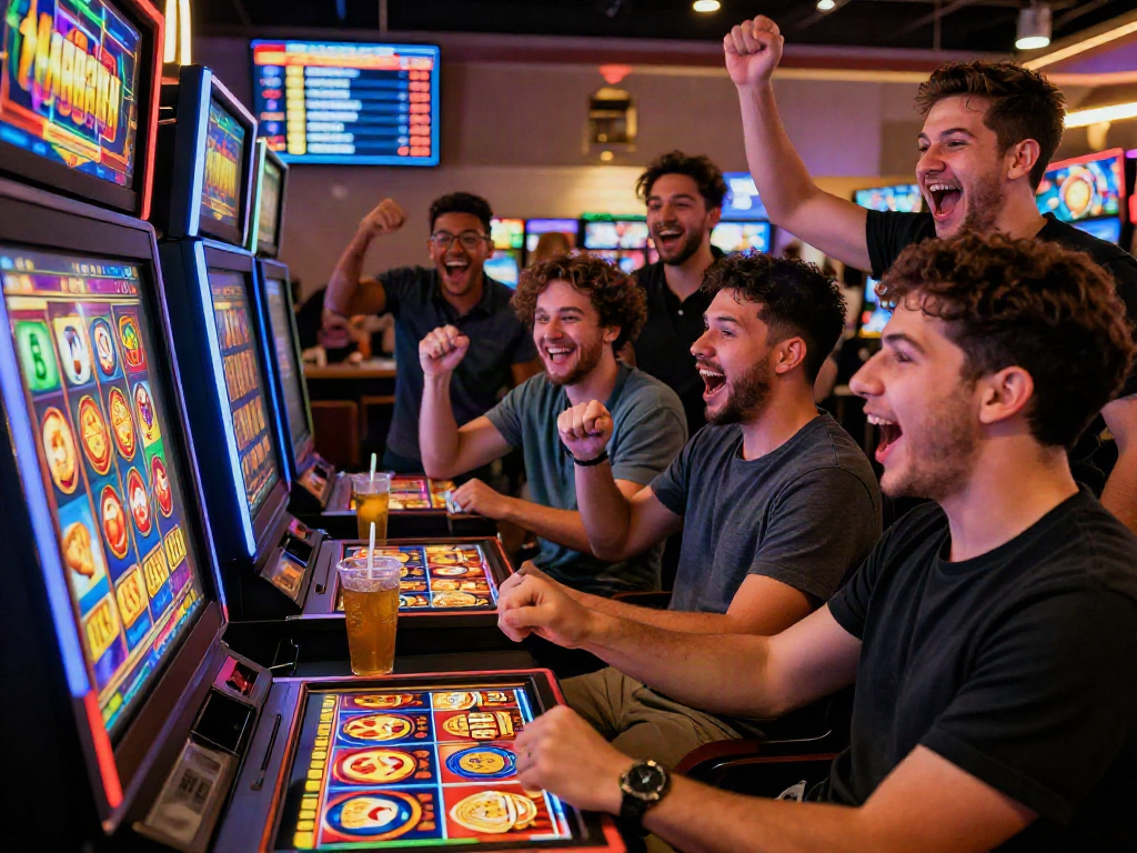 Slot Gacor MAHJONGJP88 gaming scene with players enjoying colorful online slots and vibrant atmosphere.