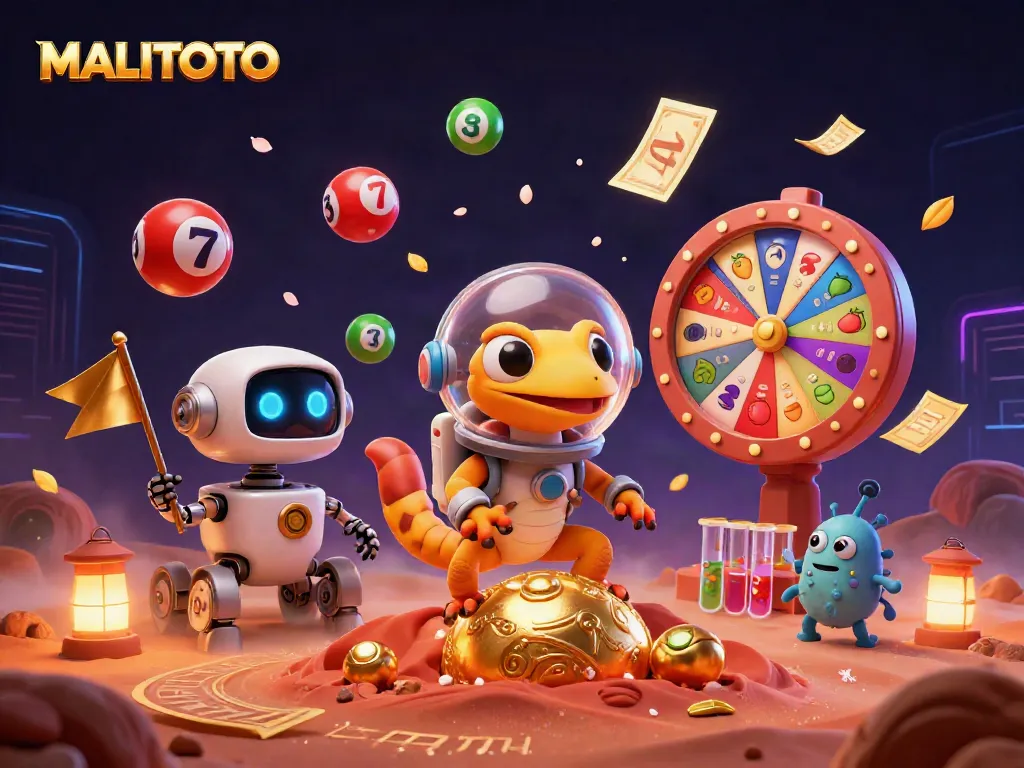 Experience the excitement of MALITOTO with a Martian gecko in a space suit at a golden casino site, surrounded by colorful lottery elements.
