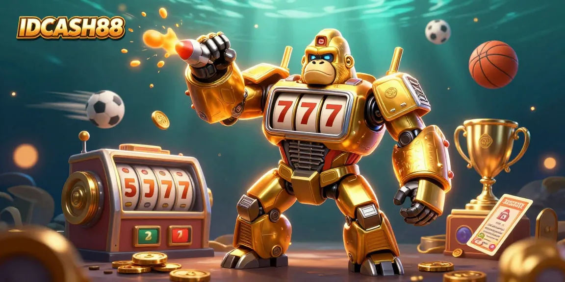 Experience the excitement of IDCASH88 with a golden gorilla mech surrounded by dynamic gaming elements.