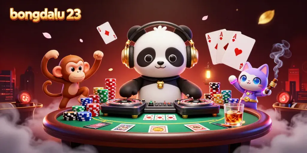 Engaging scene of bongdalu 23 showcasing a DJ panda, breakdancing monkey, and glow-stick kitten in a vibrant casino setting.