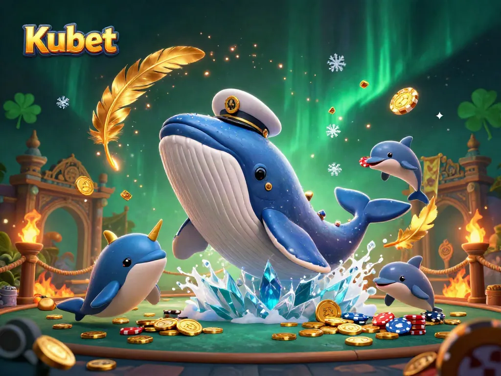 Kubet features a 3D whale breaching from coins, embodying online gambling excitement.
