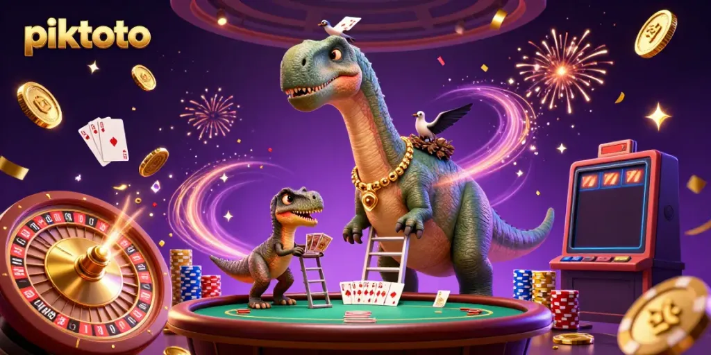 Piktoto vibrant casino scene featuring a brontosaurus and a raptor dealing cards amidst flying chips.