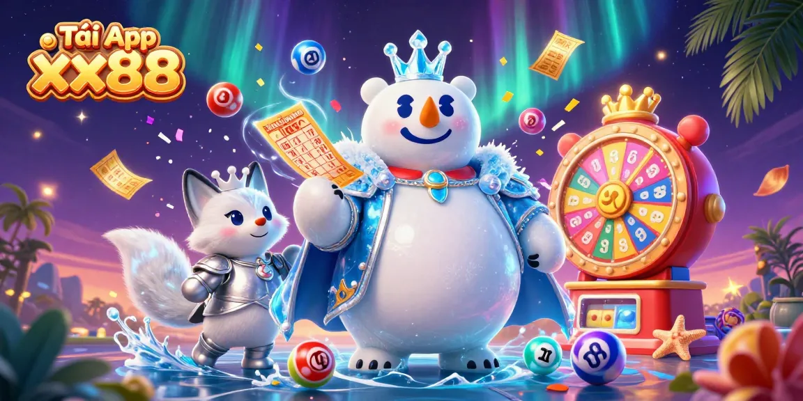 Tải App xx88 to experience a vibrant lottery adventure with colorful game elements and royal characters.