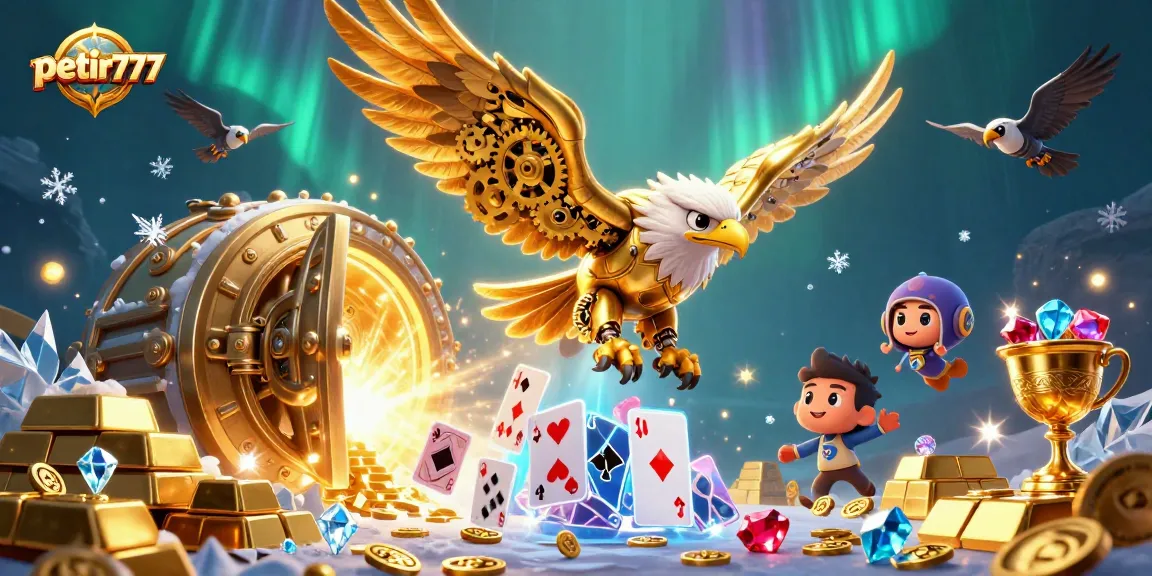 Engage with petir777 and win big as a golden eagle dives through holographic cards and treasures.