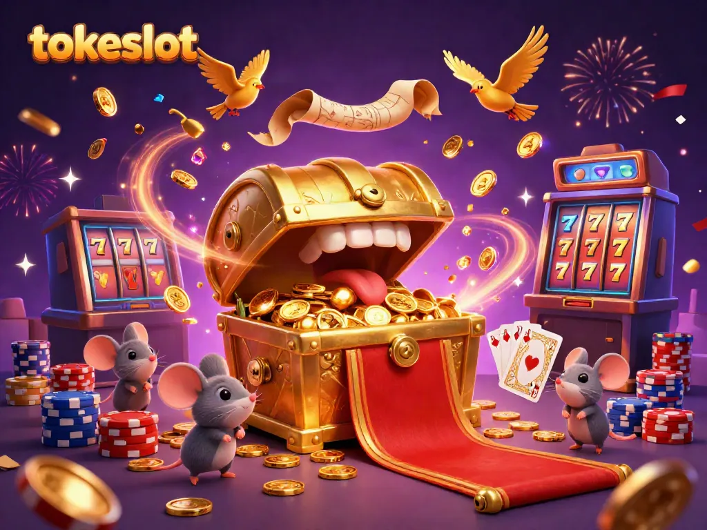 Experience the thrill of tokeslot with a vibrant treasure scene full of riches and slot machines.