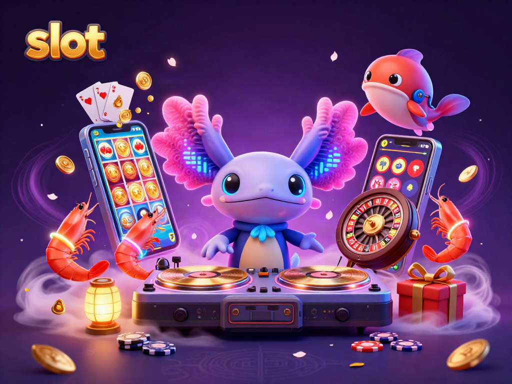 Experience vibrant slot gameplay action with a neon axolotl DJ, surrounded by animated aquatic friends.