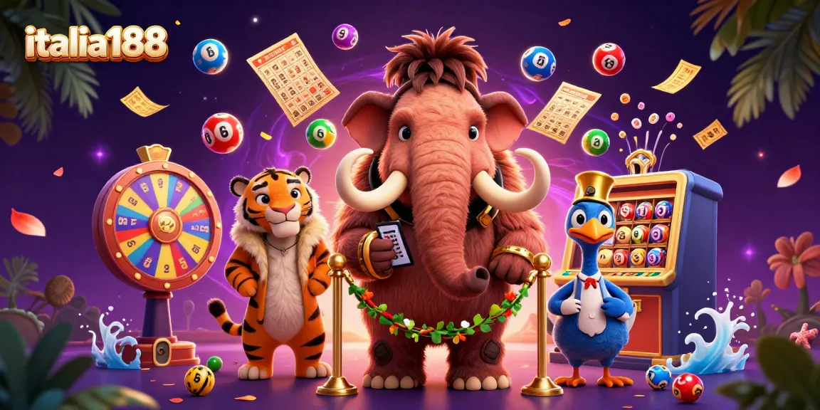 Ilustrasi 3D italia188 dengan mamut sebagai petugas kasir dan semua elemen kasino yang mendebarkan.