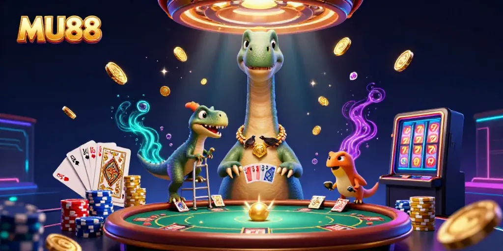 Experience the vibrant MU88 casino scene featuring a colossal brontosaurus and clever raptor dealing cards.