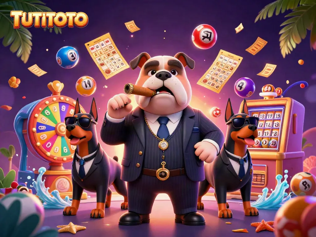 TUTITOTO showcases a vibrant 3D scene with lottery balls, a mafia bulldog, and dynamic gaming elements.